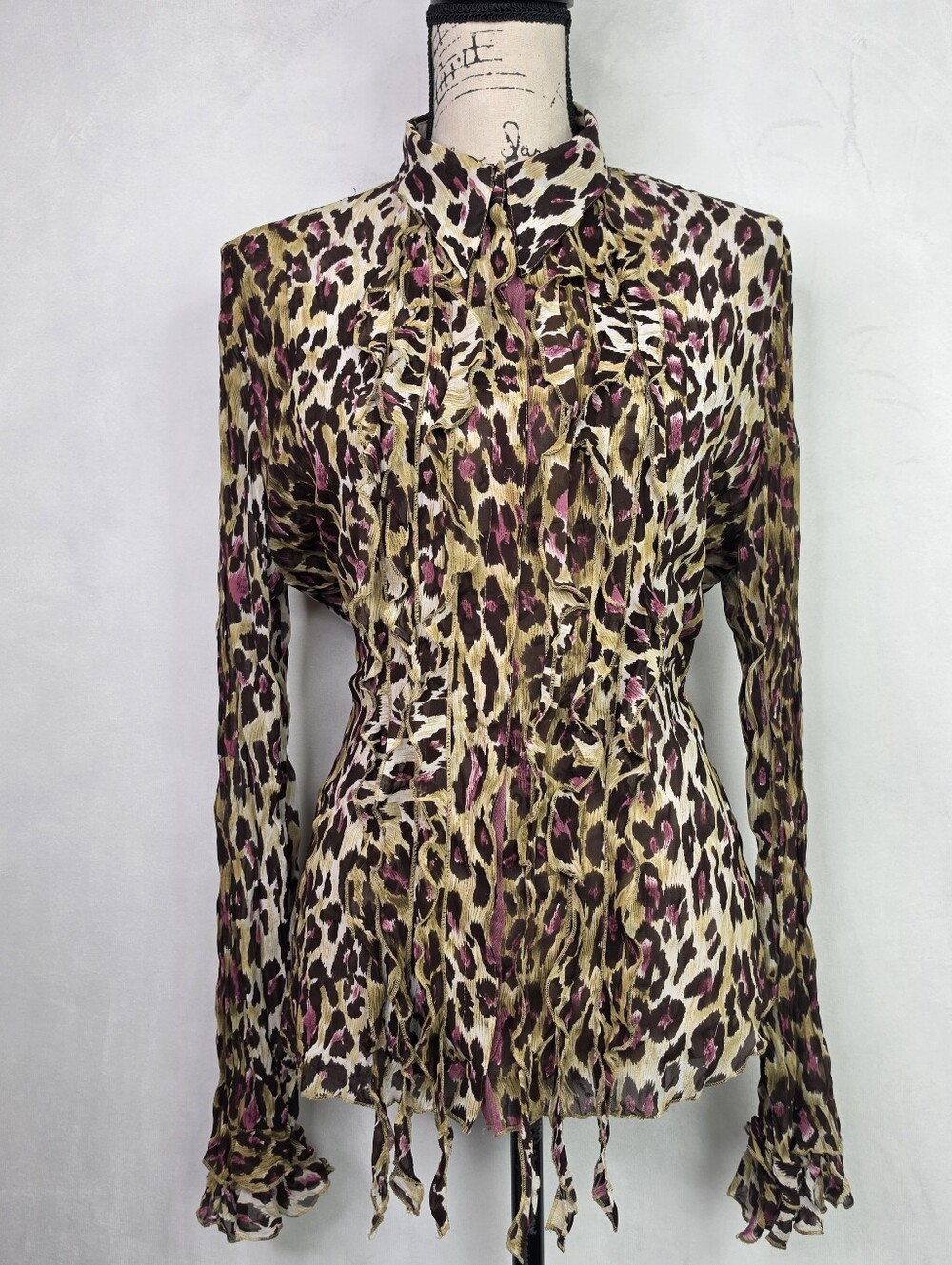 Violet & Claire Vintage Y2K Leopard Print Crinkled Ruffle Top Large
